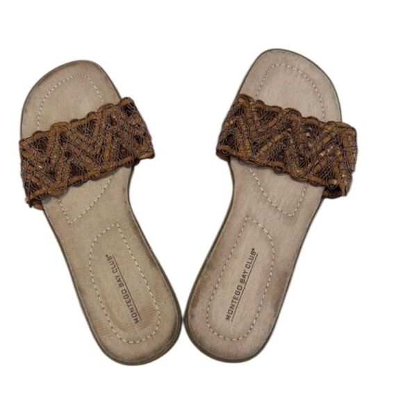 Montego Bay size 81/2 W comfy tan and brown slide sandals look new - Picture 1 of 17
